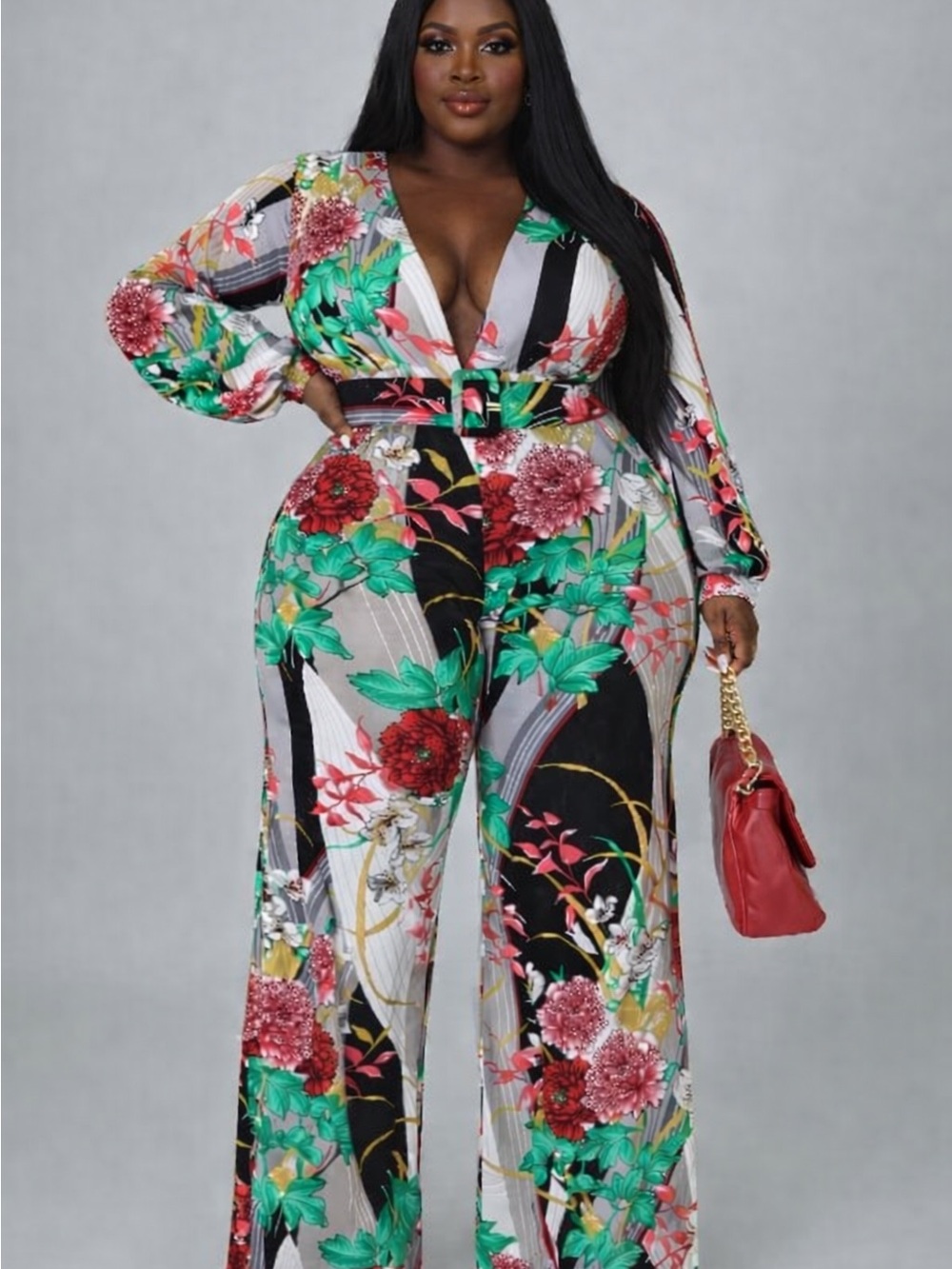 Floral Plunge Belted Jumpsuit - Plus Size